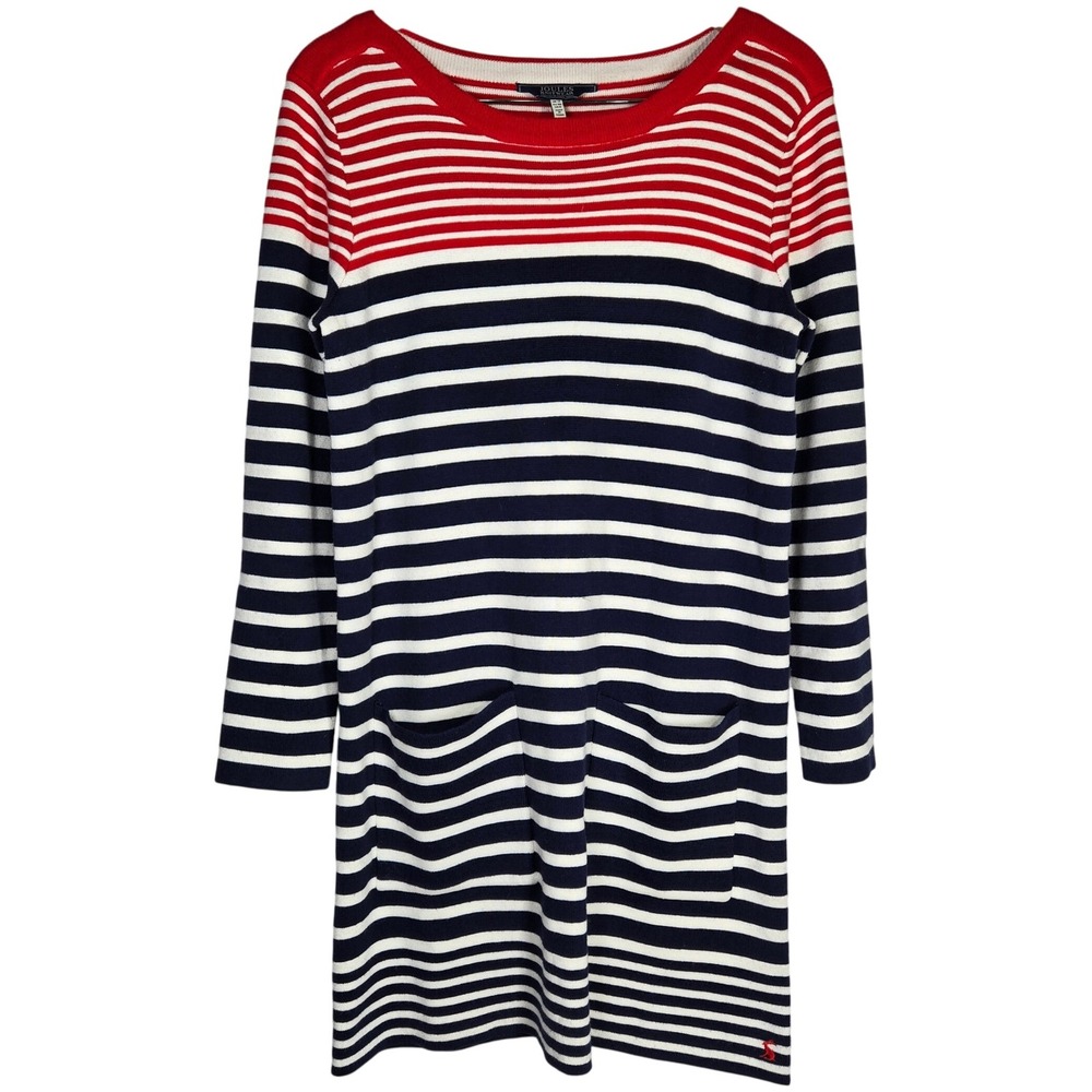 Joules‎ Knitwear Womens Striped Long Sleeve Sweater Dress Pockets Red Navy